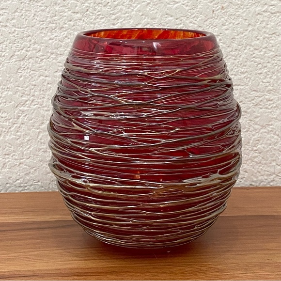 Robert Adamson Handblown Red Art Glass Thread Wrap 6” Dome Large Votive Vase - Picture 2 of 16